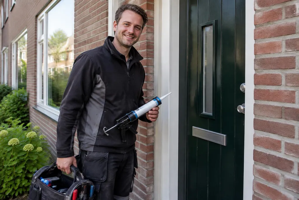 Vakman van Kitbedrijf Geldermalsen bij de voordeur van een woning